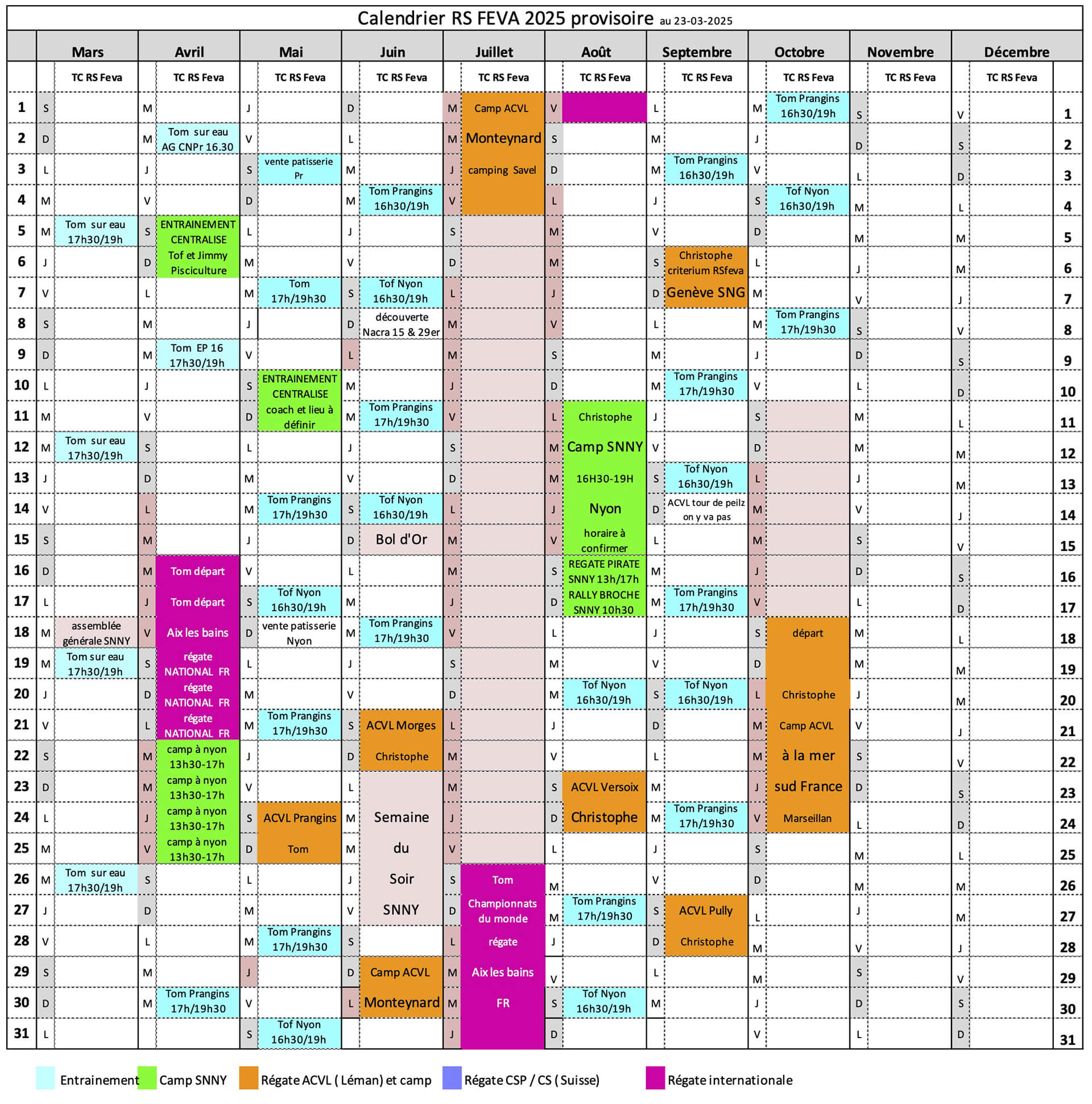 Calendrier provisoire RS FEVA 2025 au 23 03 25 PLR